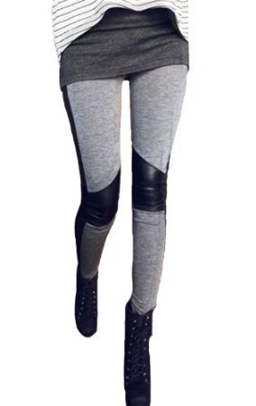 Crazycity New Fashional Faux Leather Cotton Inset Legging Tregging Tight for Women(Fits S to M)