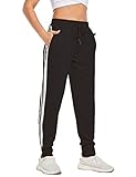 COOrun Jogginghose Damen Jogger Sporthose Lang Frauen Trainingshose Sommerhose Sweatpants mit Taschen für Sport Yoga Tanz Jogging mit Taschen und 2 Streifen schwarz L