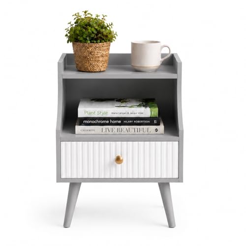 Image of ETIQUETTE ART Modern Fluted Nightstand with Drawer and Open Storage Shelf, Bedside Table with Round Edge, Boho Night Stand with Solid Wood Legs & Knob Handle End Table for Bedroom (Grey & White)