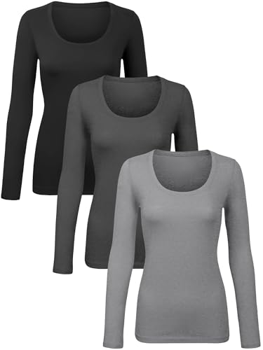 3 Pack Cotton Long Sleeve T-Shirt Top for Women Underscrub Tee Basic Undershirts Scoop Neck Longsleeve Tshirt Under Scrub Camisetas De Manga Larga De Mujer - Multipack-02 Large