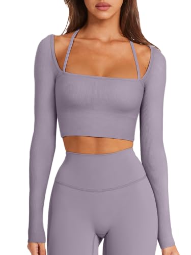 Womens Long Sleeve Sports Bra Sexy Running Fall Tops 2026 Hazy Lilac Large