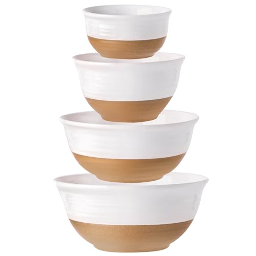 HASENSE Nesting Ceramic Mixing Bowls Set of 4, 2.1/1.5/1.0/0.5 Qt White & Terracotta Stoneware...