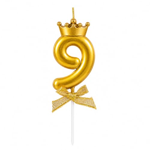 Image of Number 9 Unscented Candle with Crown for Birthday, Wedding, Engagement, Valentines Day Celebration, Bachelorette Cake Topper for Decoration 1 pc, Gold