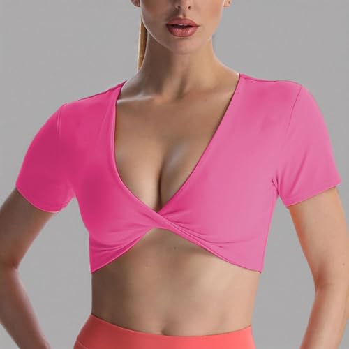 Image of Aoxjox Short Sleeve Crop Tops for Women Sienna Twist Deep V Workout Cropped T Shirt Top (Azalea Pink, Small)
