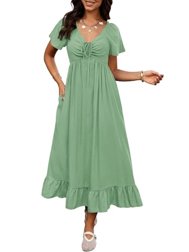 Image of BTFBM Womens Summer Dresses 2026 Casual Short Sleeve V Neck Drawstring Wedding Guest Maxi Dresses Boho Beach Long Dress
