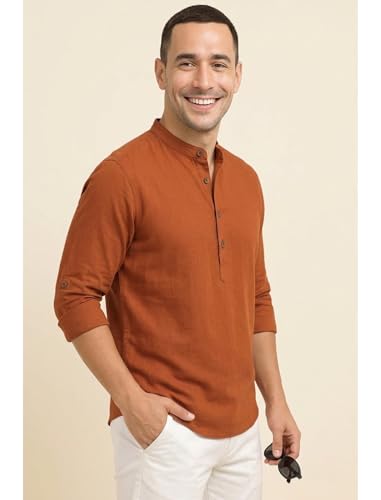 Image of DEEMOON Men's Cotton Blend Solid Regular Fit Full Sleeve Short Kurta | Men's Trendy Short Kurta