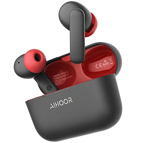 AIHOOR Wireless Earbuds for Music and Sports, Bluetooth 5.3 in-Ear Headphones with Extra Bass, Built-in Mic, Touch Control, USB Charging Case, 30hr Battery Earphones (Black and Red)