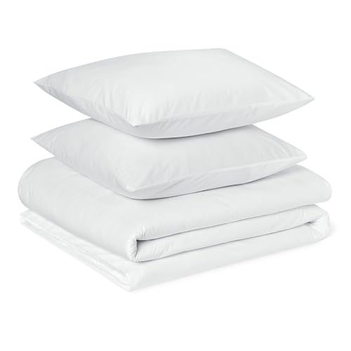 Amazon Basics Parure de Lit 2 Personnes 3 Pièces en Coton Bio, Housse de Couette 240 x 220 cm et 2 Taies d'oreiller 65 x 65 cm, Blanc