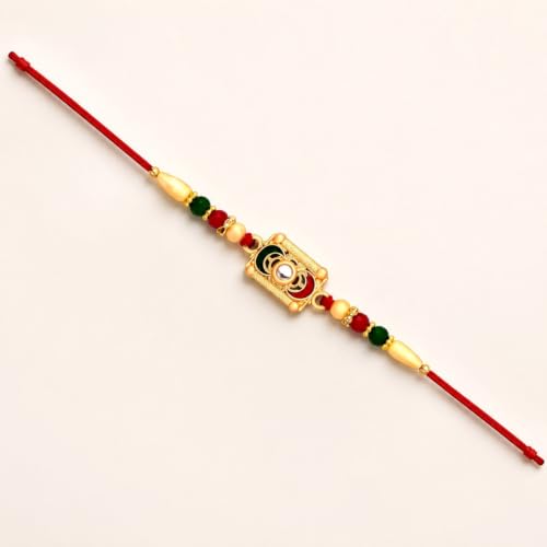 Image of DeoDap Multicolor Beaded Square Rakhi Set for Brother - Includes Chocolate Gift, Silver Pooja Coin and Greeting Card - Complete Raksha Bandhan Combo