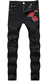 Men's Fashion Black Skinny Fit Ripped Destroyed Distressed Rose Printed Stretch Jeans Pants,1855,36