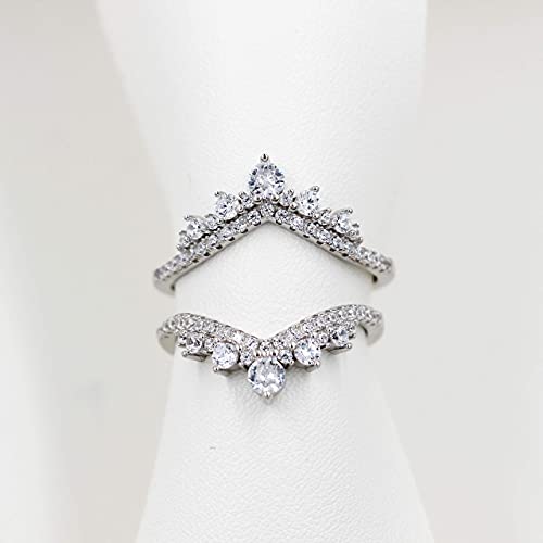 925 Sterling Silver Round CZ Crown Wedding Engagement Ring Guard Enhancer 2pcs V-shape Stack Rings Set Y1027 (Platinum, Adjustable)4