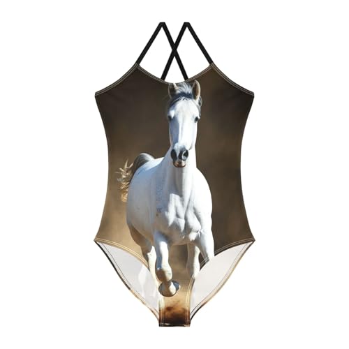 CHIFIGNO White Horse Swim Suits Girls, One Piece Swimsuit Sport Summer Beach Swimwear for 3 Years Old