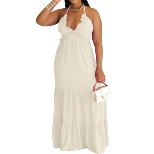 Image of TOPSRANI Womens Sleeveless Maxi Dress Halter Casual Backless Smocked Tiered Ruffle Flowy Sexy Slip Sling Strap Dresses