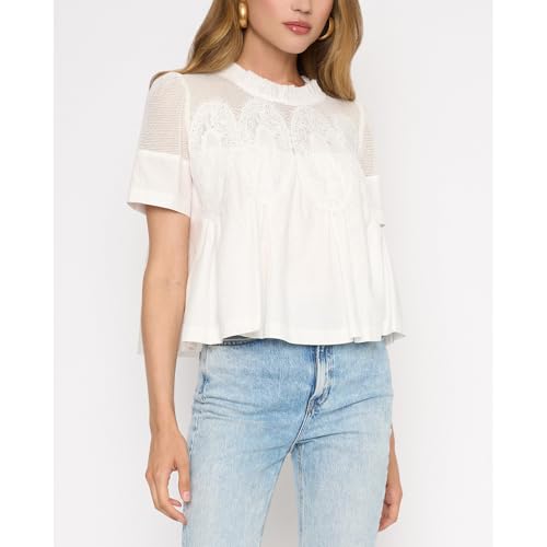 Women's Elegant Babydoll Style Lace Shirt Flared Swing Top with Sheer Mesh Lace Back Tunic Top2