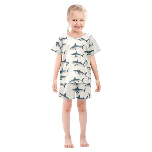 ALAZA Shark Cute Cartoon Pajamas Set Short Sleeve Cotton Sleepwear Summer Pjs 2 Piece 5-14Y3