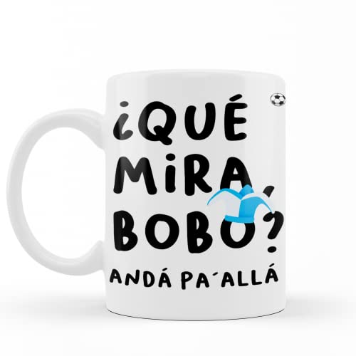WONDERNASTIC - Taza ¿Qué mira, bobo? Andá pa'llá, Capacidad de 350 ml, Color Blanco, Taza de Cerámica, Apta para Lavavajillas y Microondas, Divertido y Original, Diseño Exclusivo