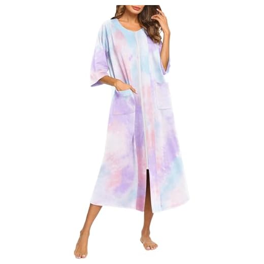 Ekouaer Womens Zipper House Coat 3/4 Sleeves Robe Zip Up Bathrobes Plus Size Tie Dye Sleepwear(multicoloured 3,XXL)