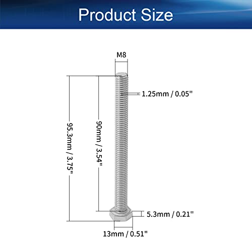 Image of Bettomshin 4Pcs M8 x 90mm Hex Bolts, 304 Stainless Steel 1.25mm Thread Pitch Fully Threaded Metric Hex Head Screw Bolts, Hexagon Screw Bolt, Hex Tap Bolts, Silver, A2-70 (Overall Size 95.3x13x13mm)