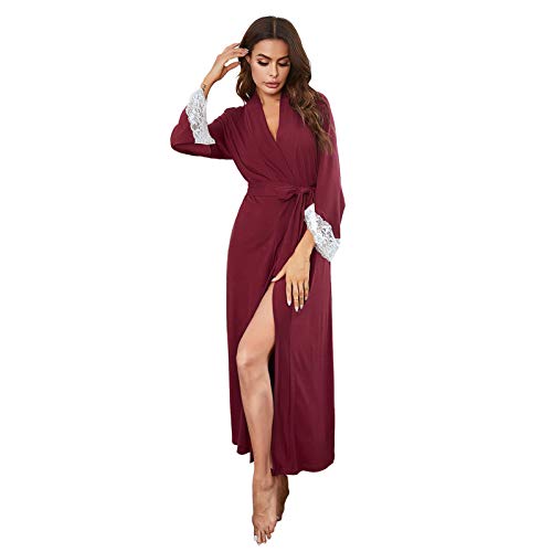 Women Robe Bathrobe Sleepwear Lounge wear Lightweight VNeck lace Robes (SXXL) (XXLarge, Wine