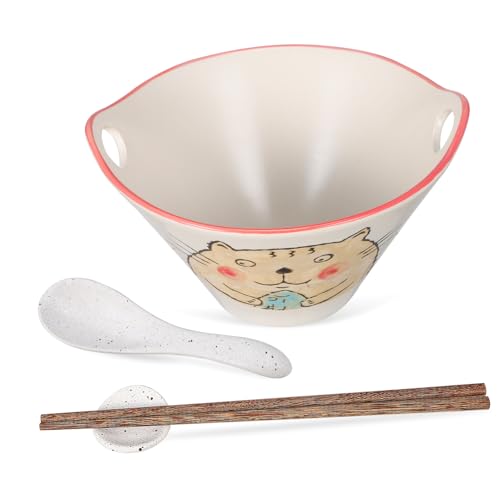 MAGICLULU 寸双孔デザインラーメン丼 木製箸置き付き 耐久性セラミック製 多機能食器 ファミリーや贈答用に