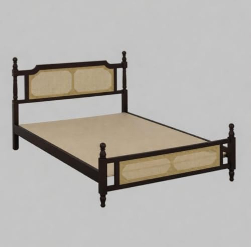 Image of Janghu Furniturewala Solid Sheesham Wood Classic Colonial Bed with Dual Cane Jali Work | Handcrafted Wooden Double Bed with Rattan Headboard & Footboard | Walnut Finish (King)