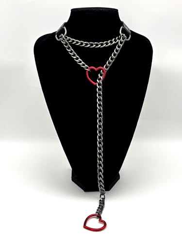 Black Leather Choker Collar For Women, Handmade Heart Slip Chain Choker Long Necklace with Adjustable Buckle2