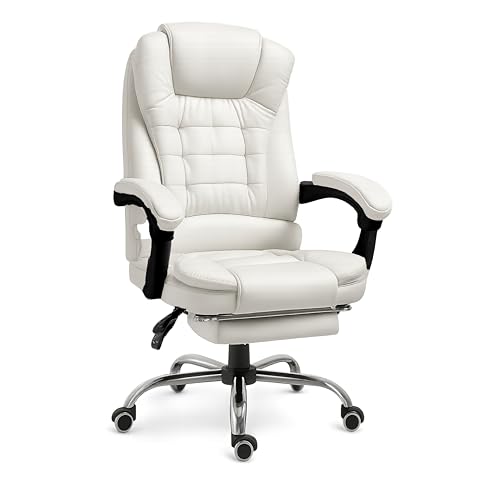 RMF Silla de Oficina Ergonómica Profesional Reclinable, Silla de Escritorio Cómoda y Relajante con Reposapiés - Sillón Relax con Ruedas Giratorias y Altura Ajustable Blanco