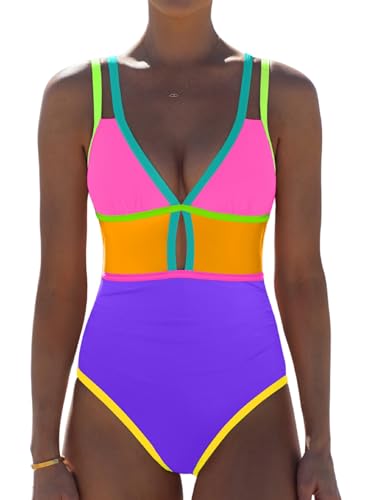Image of popvil Women One Piece Swimsuit 2026 Tummy Control Sexy Cutout Neon Color Block Bathing Suit Slimming Adjustable Swimwear