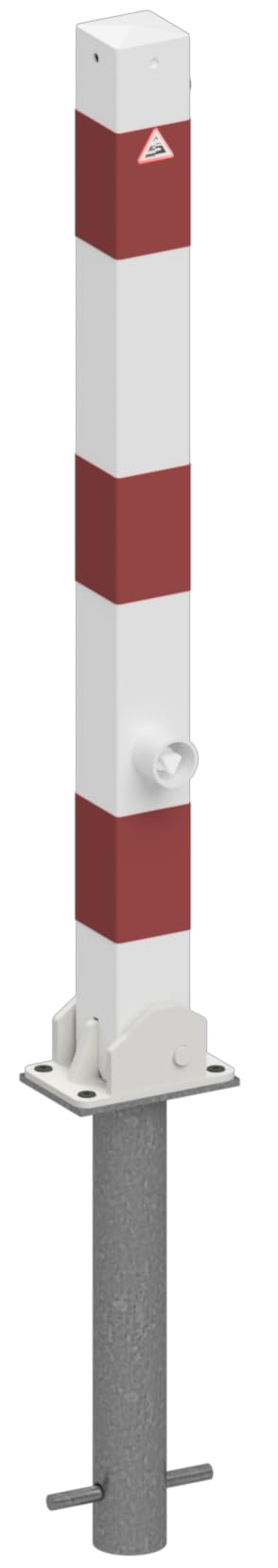 Absperrpfosten 70 x 70 mm umlegbar zum Einbetonieren mit Bodenhülse und Dreikantverschluss nach DIN 3223