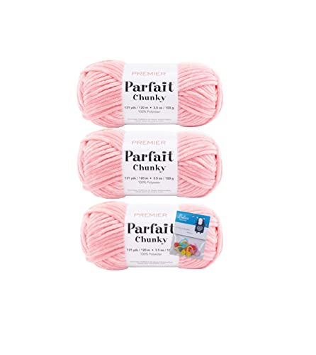 Image of Premier Yarns Parfait Chunky Chenille Yarn 3.5 Oz 6 Super Bulky Weight 3 Pack Bundle Bella's Stitch Holders (Pink Lemonade)