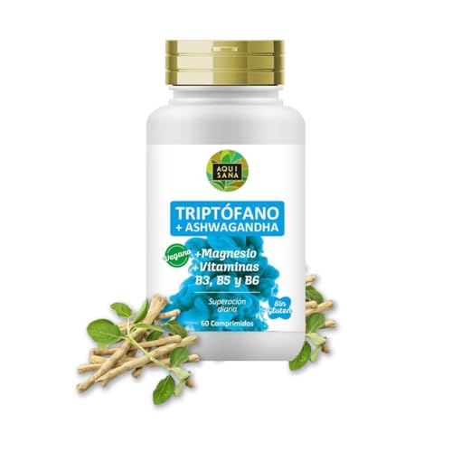 AQUISANA |Triptófano + Ashwagandha |Multivitaminas Naturales con Magnesio y Vitaminas B3, B5, B6|Recuperador muscular Pastillas que mejoran el sueño|Multivitamínico Vegano Sin Gluten|60 Cápsulas