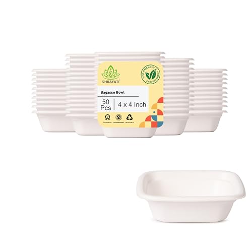 Image of Shrayati Sugarcane Bagasse Square Bowls, 4 inch, 50 Pcs, Biodegradable Bagasse Disposable Bowls for Convenient and Sustainable Eating