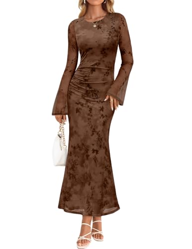 ZESICA Women's Long Sleeve Floral Bodycon Dress 2025 Fall Fashion Ruched Mesh Wedding Guest Cocktail Party Maxi Dresses, Tie Dye Brown, L