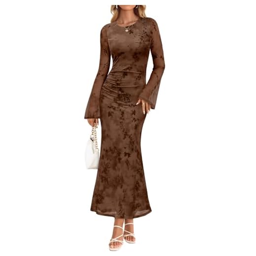 ZESICA Women's Long Sleeve Floral Bodycon Dress 2025 Fall Fashion Ruched Mesh Wedding Guest Cocktail Party Maxi Dresses, Tie Dye Brown, L