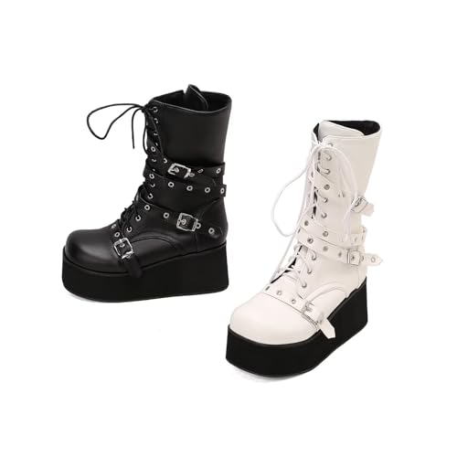 Womens Buckles Straps Boots Lace Up Mid Calf Booties Wedge Heel Platform Round Toe Combat Punk Goth Short Booties4