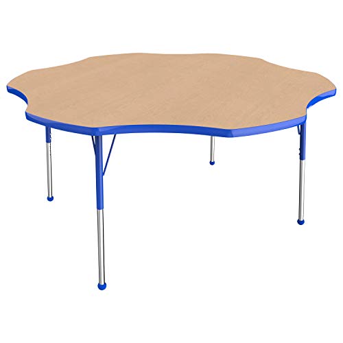 Image of FDP Flower Activity School and Office Table (60 inch), Standard Legs with Ball Glides for Collaborative Seating Environments, Adjustable Height 19-30 inches - Maple Top and Blue Edge