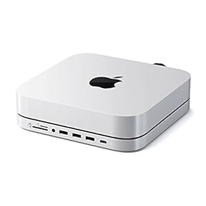 Satechi Hub Type-C e suporte com caixa SSD - Adapta-se a SSD M.2 SATA, porta de dados USB-C, leitores Micro/SD, USB-A e conector de fone de ouvido - Para M2/M1 Mac Mini, Mac Studio (Prata) - 4