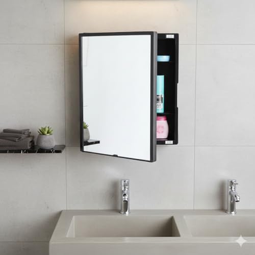 Image of CIPLA PLAST New Rich Look Bathroom Cabinet with Mirror | Storage Organiser | Strong Plastic Bathroom Shelves Wall Mounted | Bathroom Accessories| Mirror Cabinet (Black)