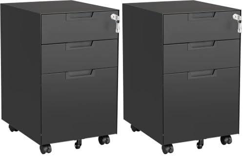 Image of Letaya 3 Drawer Mobile File Cabinet with Lock,Under Desk Metal Small Filing Cabinets for Home Office Organizer Letters /Legal /A4(Fully Assembled Except Wheels-Black) (Pack of 2)