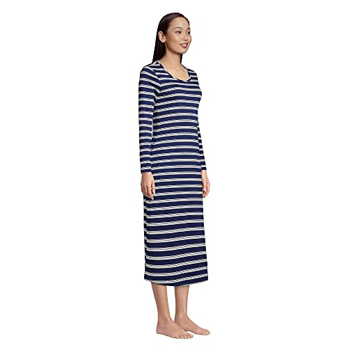 Lands' End Women Long Sleeve Supima Midcalf Nightgown Deep Sea Navy Founders Stripe Tall X-Large #TOP2
