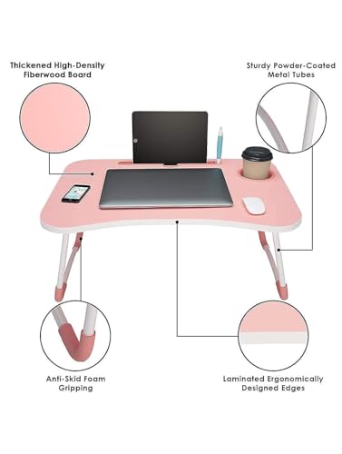 Image of Trailbrix Stylish Multi-Purpose Portable Laptop Table, Foldable Wooden Desk for Bed Tray, Laptop Table, Study Table with Mug Holder, Ergonomic, Non-Slip Legs in Bed Table(PINKK)