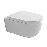 LIEFERUMFANG & MAßE: Spülrandloses Hänge-WC mit Befestigungsset I WC-Sitz aus Duroplat mit Soft-Close Funktion I DIN genormte Anschlüsse passend zu GEBERIT I Befestigungsabstand: 18 cm I Horizontaler Abfluss 100 mm I Abmessung B x T x H = ca. 36 x 49,5 x 40,5 cm