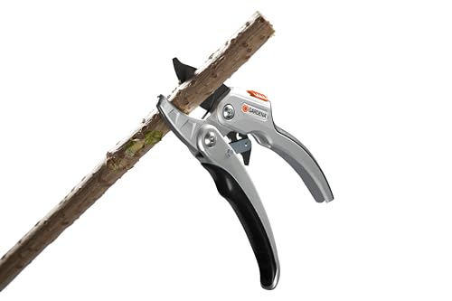 Gardena Ratschenschere SmartCut: Stabile Gartenschere mit Amboss-Schneide für stärkeres und trockenes Holz bis 25 mm Durchmesser, zwei Griffpositionen, mit Ratschenmechanismus und Alugriffen (8798-20)