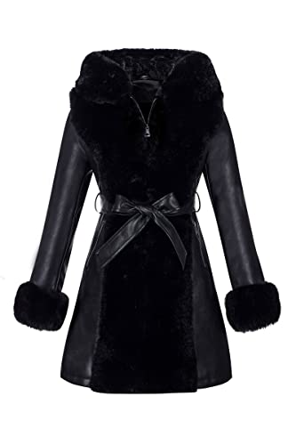 RISISSIDA Luxurious Fur Lined Leather Jacket Women Winter Coat with Hooded Long Fur Collar, Thick Warm Heavy Overcoat Belted2