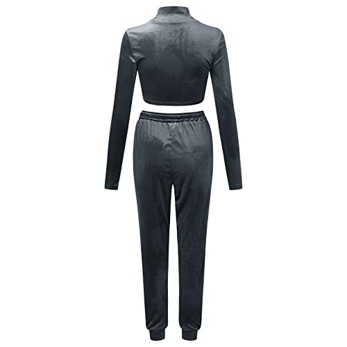 Womens Long Sleeve Turtleneck Zip Open Waist Top High Waist Casual Pants Set 2 Piece Elegant Outfits For Women Grey #TOP3