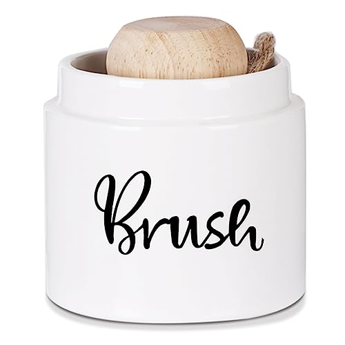 Image of Ceramic Dish Brush Holder, Farmhouse Kitchen Scrub Brush Holder Dishwashing Brush Stand, Soap Dispensing Palm Kitchen Brushes Holder, Easy to Clean (White)