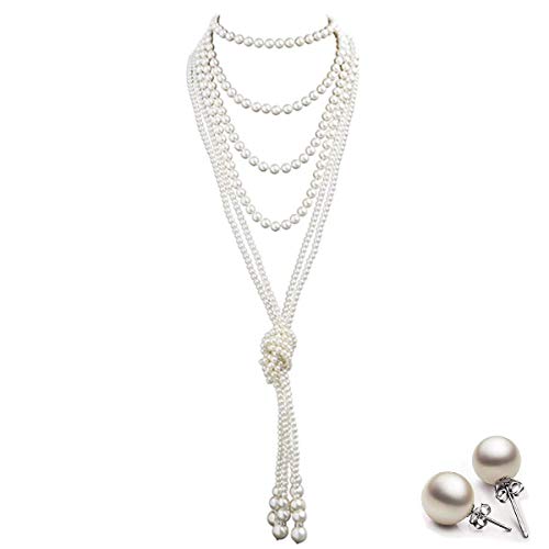 BOSSTTOS Vintage Design 1920s Faux Pearl Necklace Earrings Costume Jewelry Set Flapper Beads Cluster Pearl Necklace Gatsby Accessories Super Long 59 8mm Round Beads