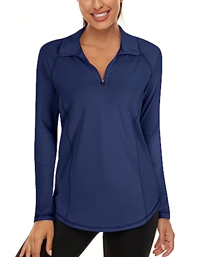 Navy Women's Long Sleeve Gym Tops - Fitted, Easy Dry, Light, Sun Protection, Climbing & Hiking Tops