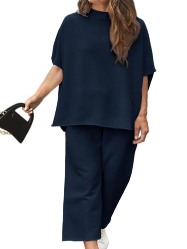 Beautife Women's Plus Size 2 Piece Outfits 3/4 Batwing Sleeve Capelet Crew Neck Pullover Top Wide Leg Pants Lounge Set