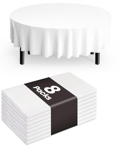 Pureegg Plastic Table Cloth Disposable 8 Pack, 84'' Round Table Cloths, Party, Picnic, Wedding, Decorative Tablecloths, Round, White Plastic Cover, Leakproof & Sturdy, White